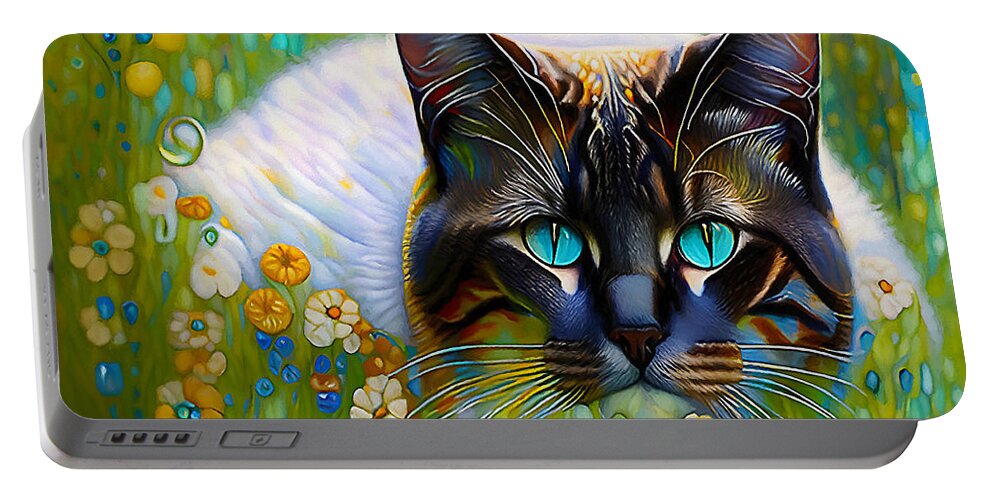 Cat Portable Battery Charger featuring the mixed media I See You #1 by Pennie McCracken
