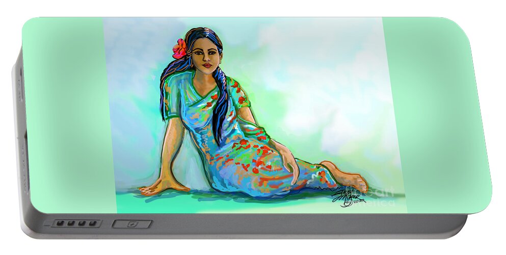 Indian Woman With Sari Portable Battery Charger featuring the digital art Indian Woman With Flower by Stacey Mayer
