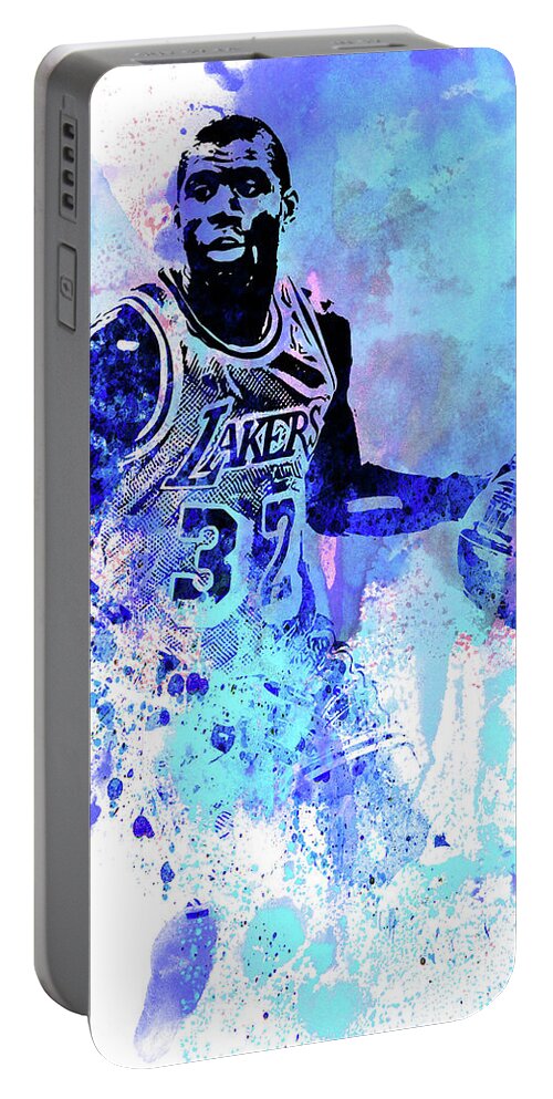 Magic Johnson Portable Battery Charger featuring the mixed media Magic Johnson Watercolor #1 by Naxart Studio