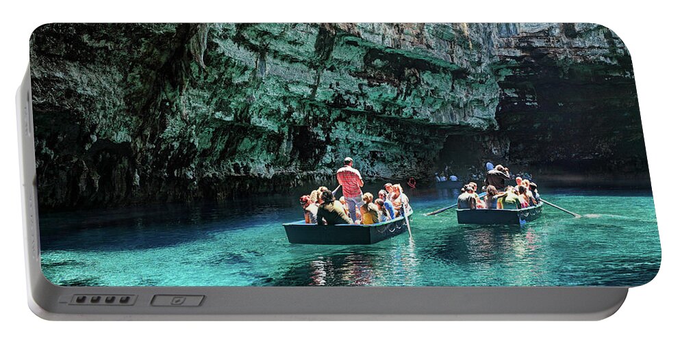 Azure Portable Battery Charger featuring the photograph Melissani lake in Kefalonia, Greece #1 by Constantinos Iliopoulos