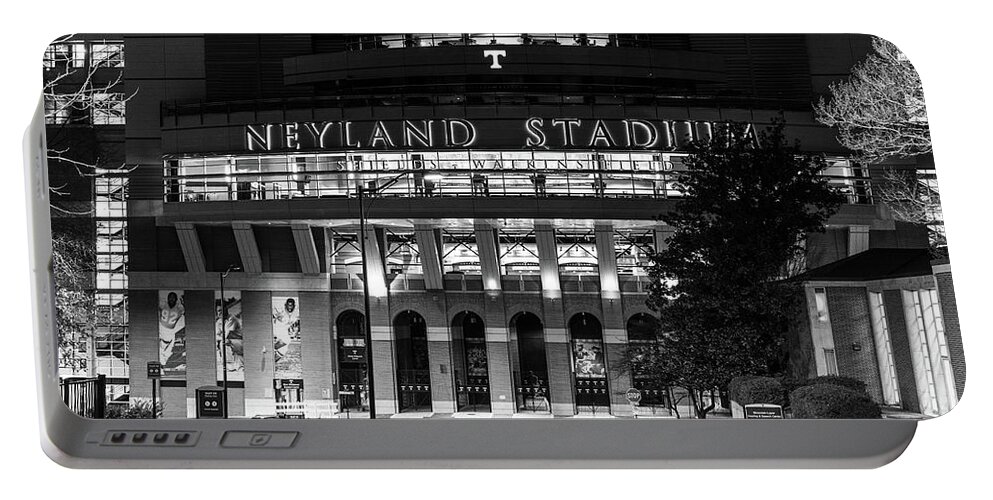 University Of Tennessee At Night Portable Battery Charger featuring the photograph Neyland Stadium at the University of Tennessee at night in black and white #1 by Eldon McGraw