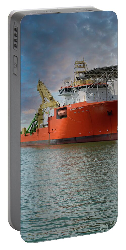 Normand Energy Portable Battery Charger featuring the photograph Normand Energy pipe laying vessel #1 by Chris Smith