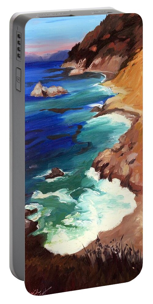 Cliff Portable Battery Charger featuring the painting Ocean View at Big Sur #1 by Alice Leggett