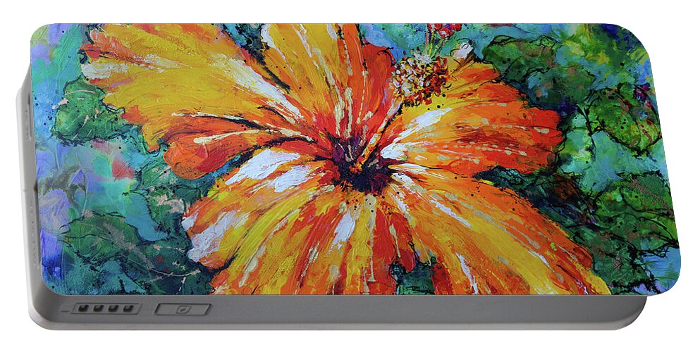 Orange Hibiscus Portable Battery Charger featuring the painting Orange Hibiscus by Jyotika Shroff