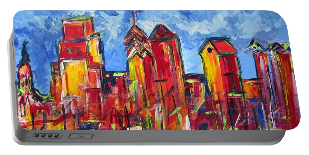 Philadelphia Portable Battery Charger featuring the painting Red Blue Philly Skyline by Britt Miller