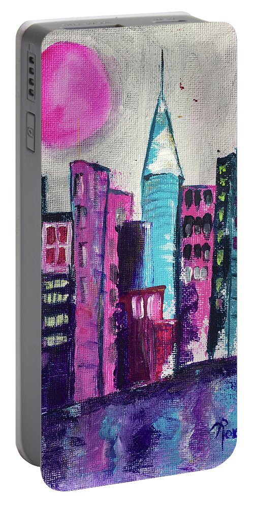 City Portable Battery Charger featuring the painting Pink Moon City #1 by Roxy Rich