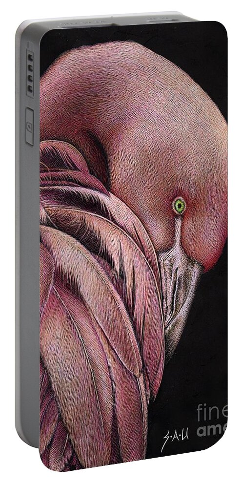Flamingo Portable Battery Charger featuring the drawing Pretty in Pink #2 by Sheryl Unwin