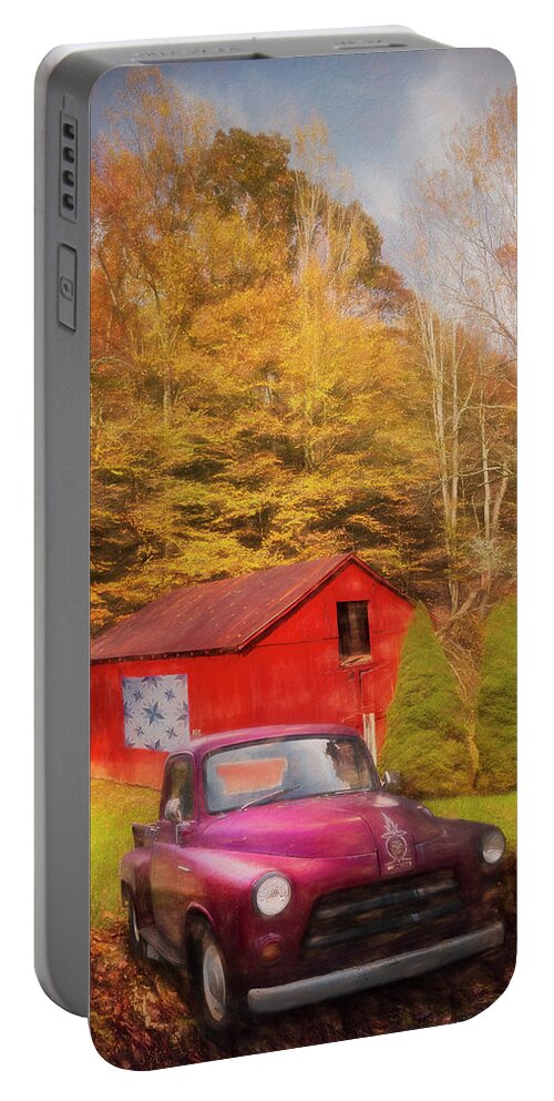 Truck Portable Battery Charger featuring the photograph Red Quilt Barn and Truck along the Creeper Trail Damascus Virgin #1 by Debra and Dave Vanderlaan