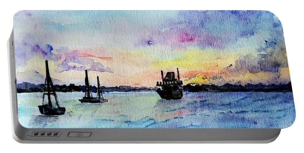 Turquoise Waters Portable Battery Charger featuring the painting Safe Harbor #1 by Eileen Kelly