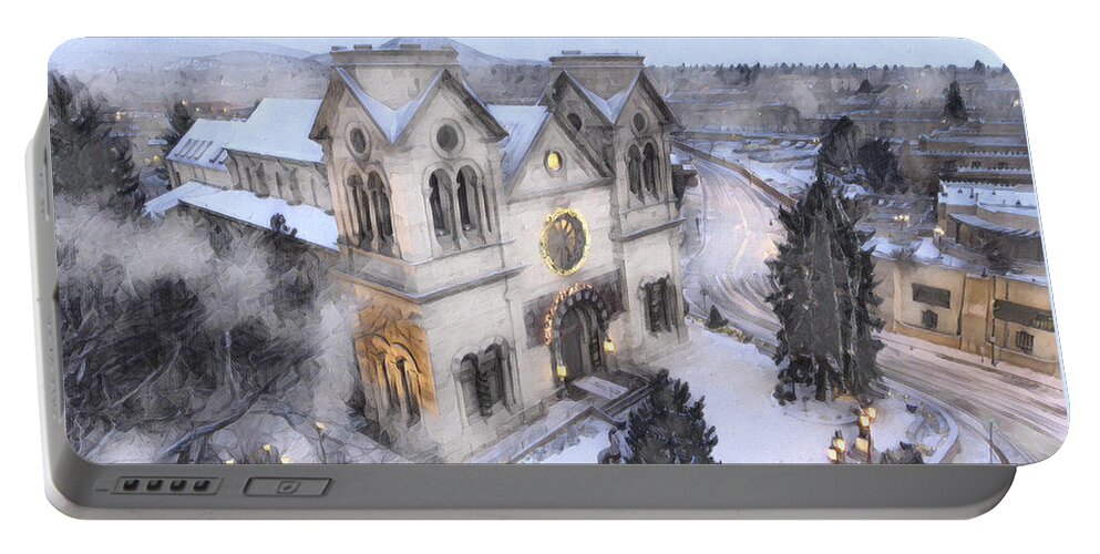 Church Portable Battery Charger featuring the digital art Santa Fe Cathedral by Aerial Santa Fe