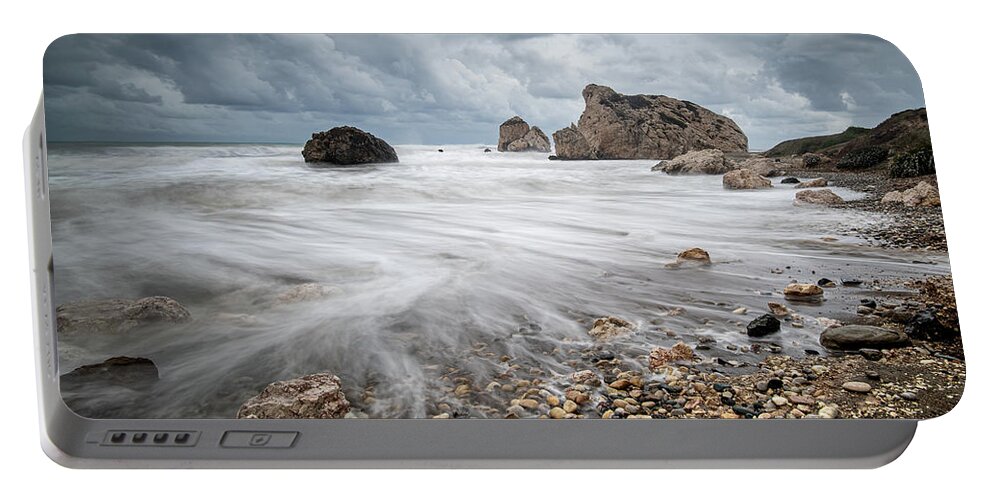 Sea Waves Portable Battery Charger featuring the photograph Seascape with windy waves during stormy weather on a rocky coast by Michalakis Ppalis
