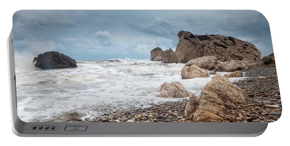 Paphos Portable Battery Charger featuring the photograph Seascapes with windy waves. Rock of Aphrodite Paphos Cyprus by Michalakis Ppalis