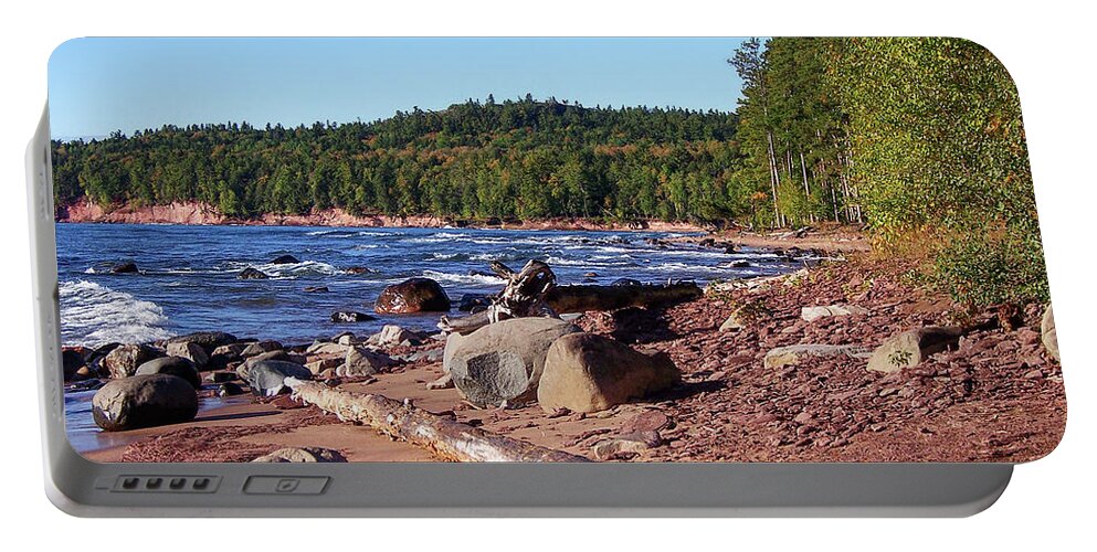 Marquette Portable Battery Charger featuring the photograph Shores of Lake Superior #1 by Phil Perkins