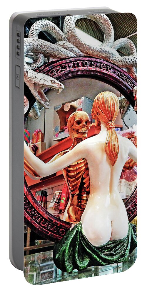 Female. Horror Portable Battery Charger featuring the photograph Skeleton In The Mirror #1 by Andrew Lawrence