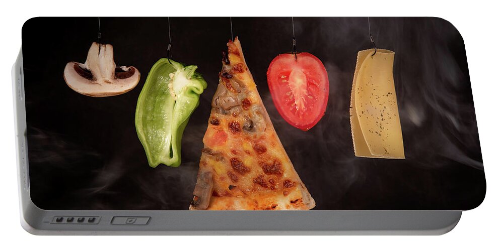 Pizza Portable Battery Charger featuring the photograph Slice of mozzarella pizza tomato cheese peeper and mushroom ingredients #4 by Michalakis Ppalis