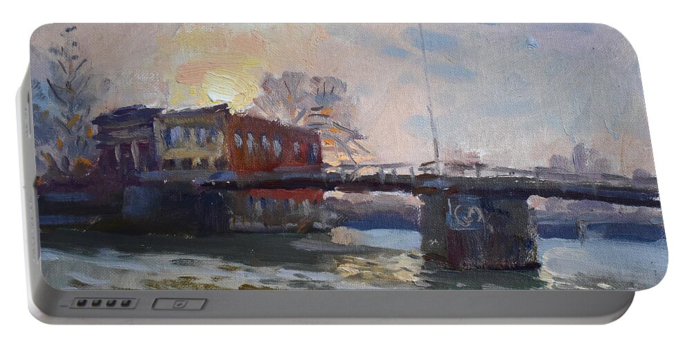 Sunset Portable Battery Charger featuring the painting Sunset at North Tonawanda Bridge 2 by Ylli Haruni