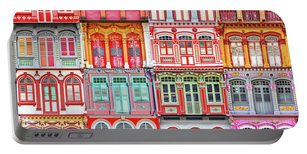 Singapore Portable Battery Charger featuring the photograph The Singapore Shophouse in RED by John Seaton Callahan