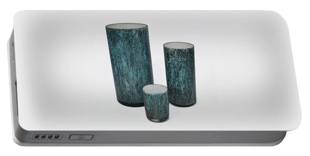 Glass Portable Battery Charger featuring the glass art Three Blue Cylinders by Christopher Schranck