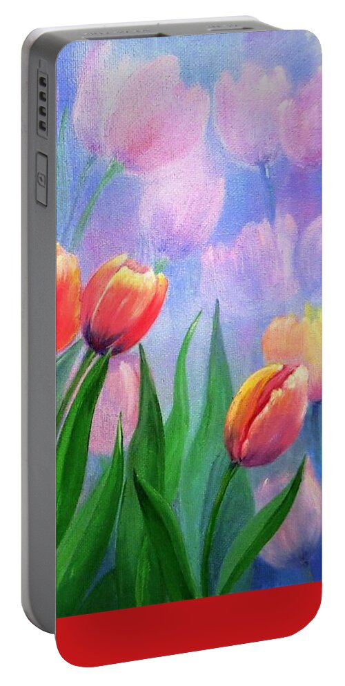 Wall Art Home Décor Red Flowers Red Tulips Print Perfect Photo Garden Tulips Garden Flowers Floral Gift Idea Summer Flowers Portable Battery Charger featuring the photograph Tulips #3 by Tanya Harr