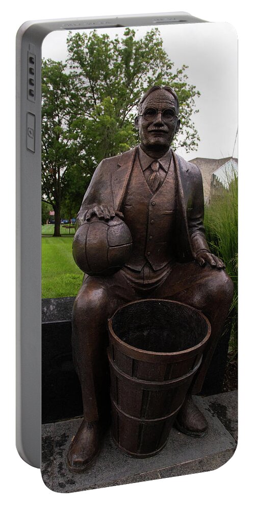Kansas Jayhawks Portable Battery Charger featuring the photograph Dr. Naismith statue at University of Kansas by Eldon McGraw