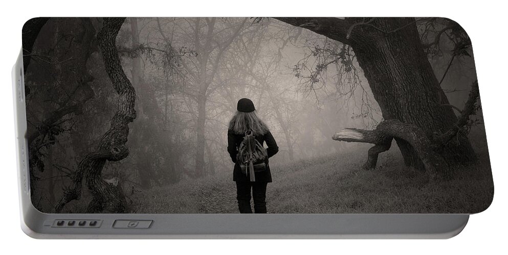 Walking Away Portable Battery Charger featuring the photograph Walking into the misty forest path #2 by Alessandra RC