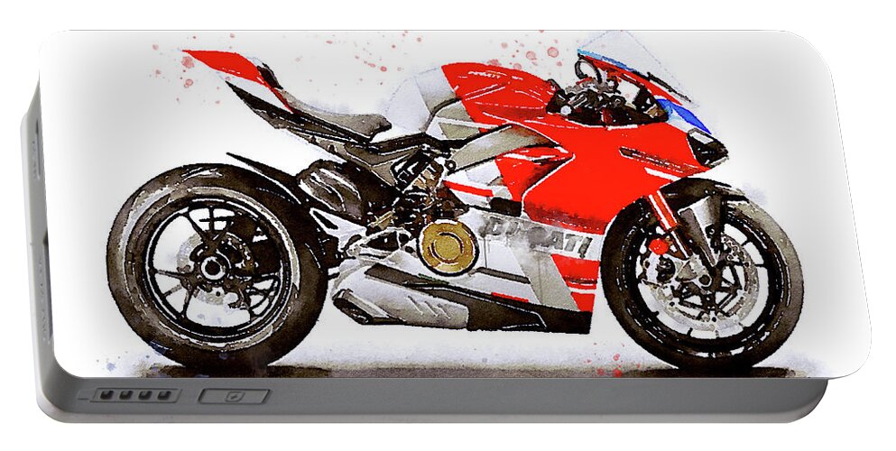 Sport Portable Battery Charger featuring the painting Watercolor Ducati Panigale V4S motorcycle, oryginal artwork by Vart by Vart Studio