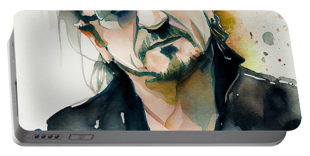 Bono Portable Battery Charger featuring the mixed media Watercolour Of Bono #1 by Smart Aviation