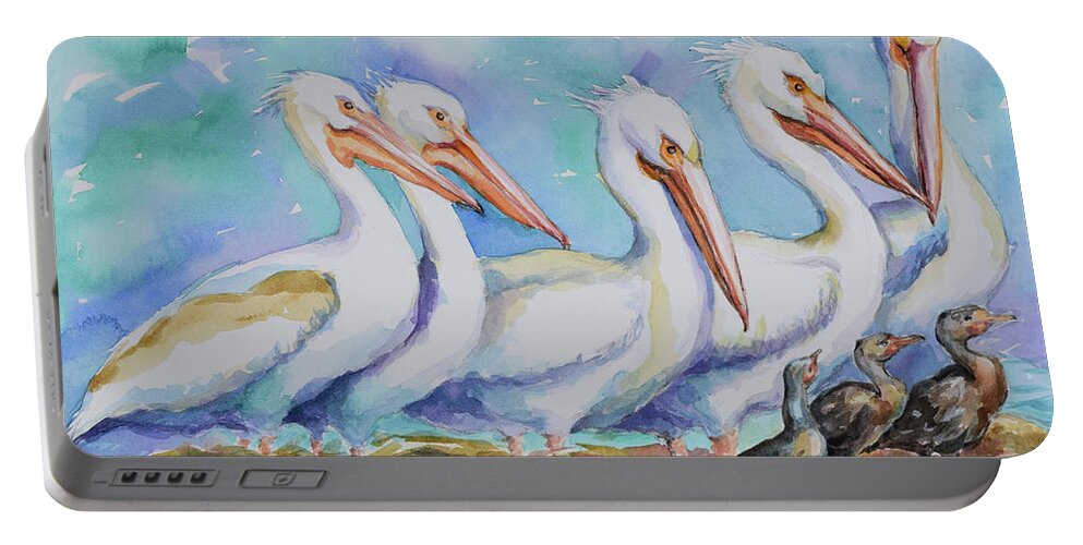  Portable Battery Charger featuring the painting White Pelicans #2 by Jyotika Shroff