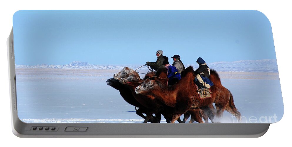 Winter Camel Racing Portable Battery Charger featuring the photograph Winter Camel racing by Elbegzaya Lkhagvasuren