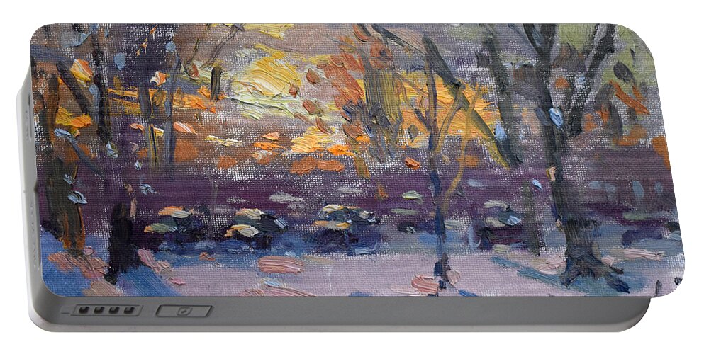 Snow Portable Battery Charger featuring the painting Winter Sunset by Ylli Haruni