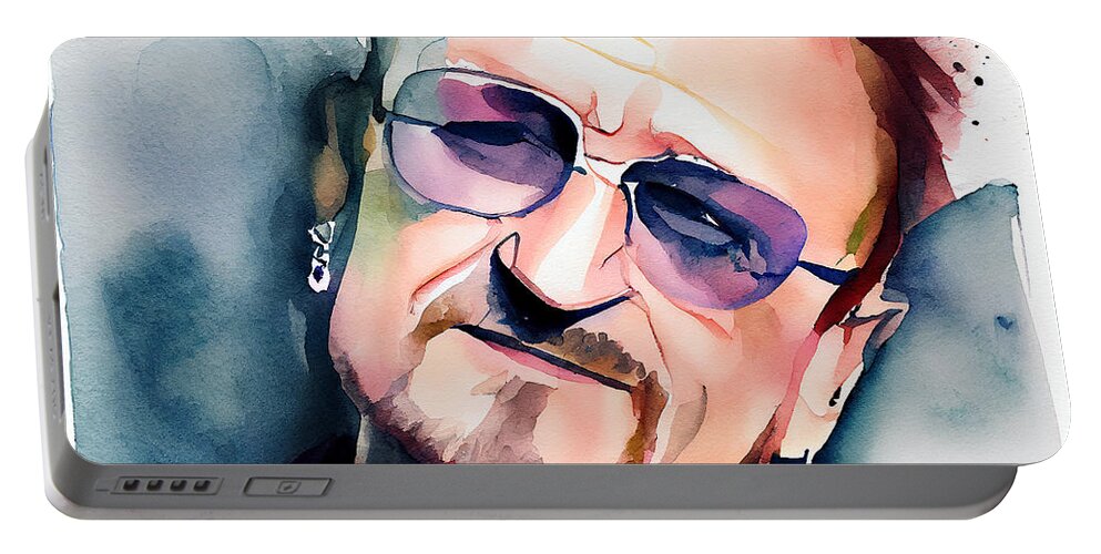 Bono Portable Battery Charger featuring the mixed media Watercolour Of Bono #11 by Smart Aviation