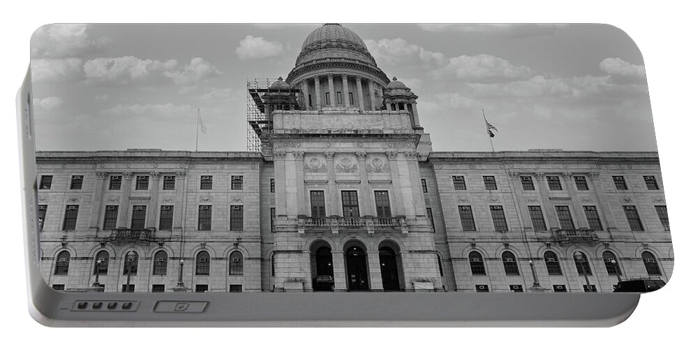 Democrats Portable Battery Charger featuring the photograph Rhode Island state capitol building in black and white by Eldon McGraw