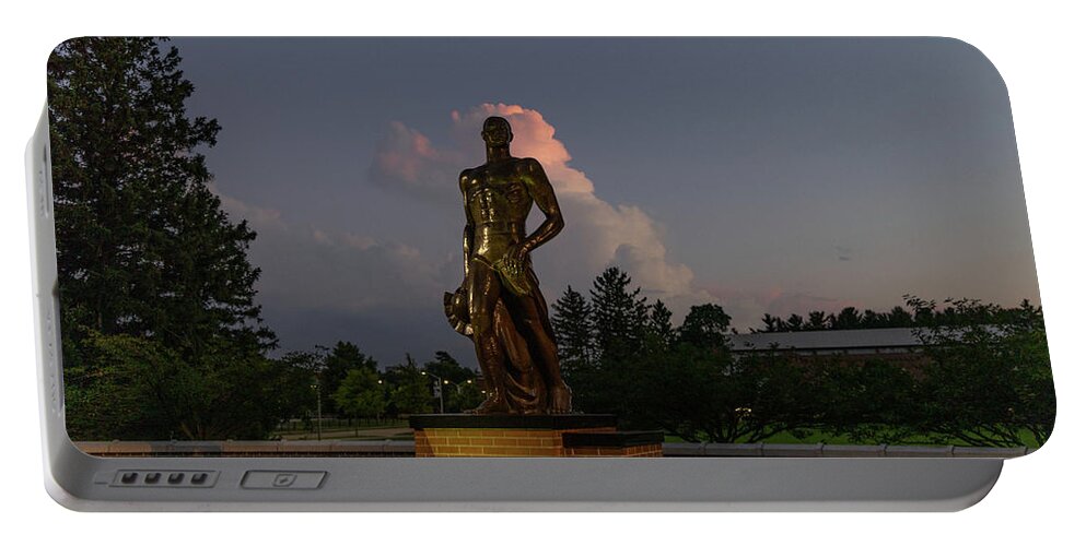 Spartan Staue Night Portable Battery Charger featuring the photograph Spartan statue at night on the campus of Michigan State University in East Lansing Michigan #16 by Eldon McGraw