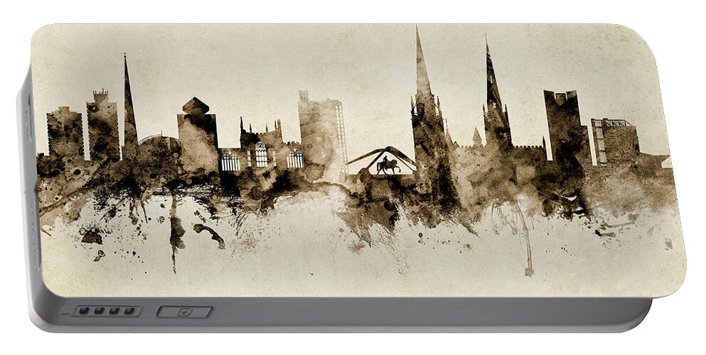 Coventry Portable Battery Charger featuring the digital art Coventry England Skyline by Michael Tompsett