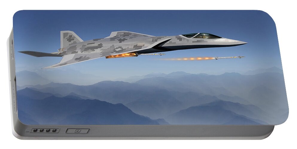 Lmt Portable Battery Charger featuring the digital art Lockheed LMT Raven II by Custom Aviation Art