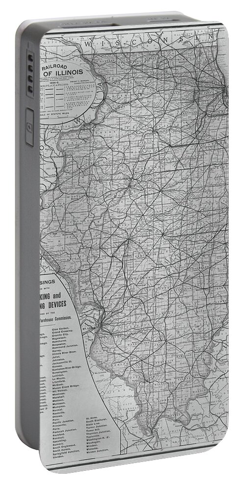 1885 Portable Battery Charger featuring the photograph 1895 Historical Railroad Map of Illinois Black and White Map by Toby McGuire