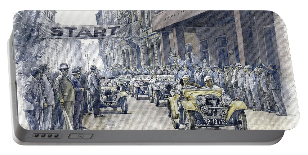 Shevchukart Portable Battery Charger featuring the painting 1933 Prague First Start of 1000 Miles of Czechoslovakia Aero 18HP-750 by Yuriy Shevchuk