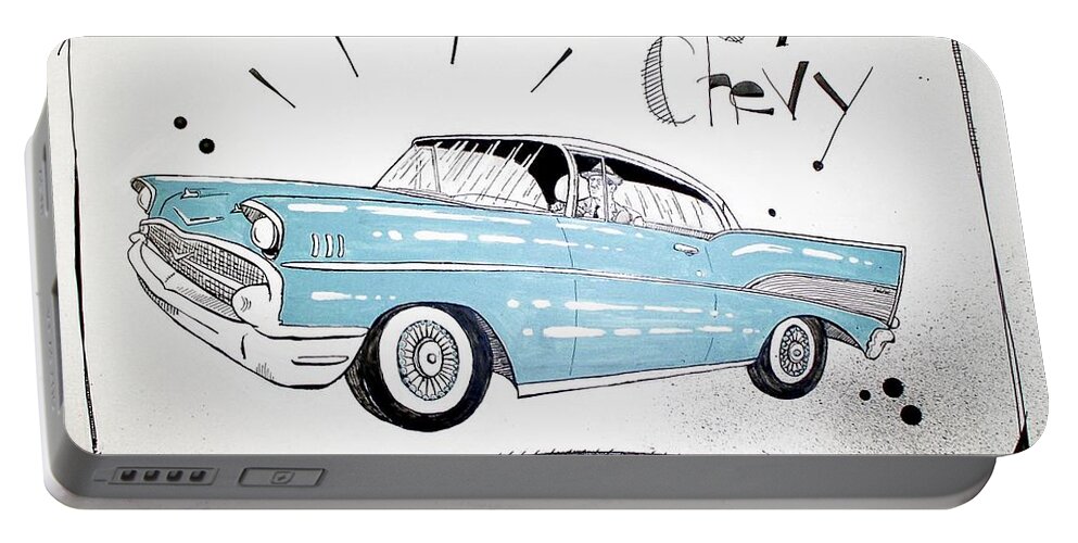  Portable Battery Charger featuring the drawing 1957 Chevy by Phil Mckenney