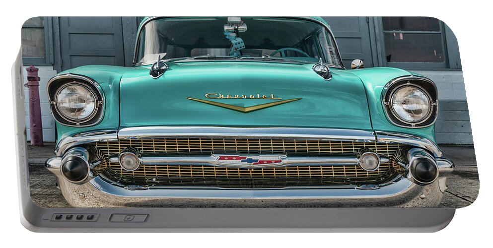 1957 Portable Battery Charger featuring the photograph 1957 Turquoise Chevy Bel Air by Kristia Adams
