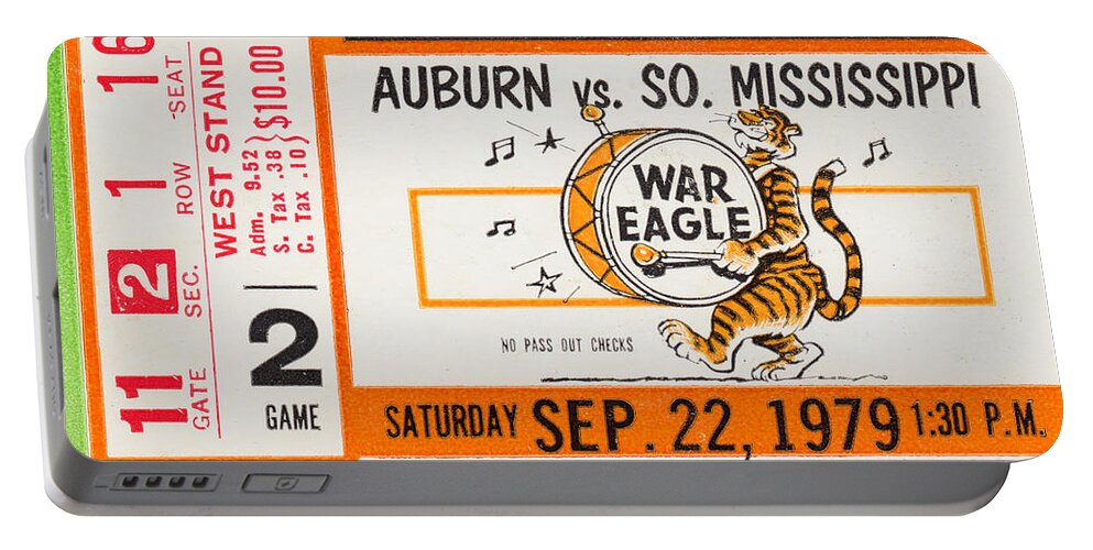 Auburn Portable Battery Charger featuring the mixed media 1979 Auburn Tiger Football Ticket Art by Row One Brand