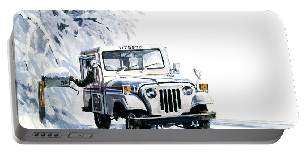 John Swatsley Portable Battery Charger featuring the painting 1980s U.S. Postal Service Jeep by John Swatsley