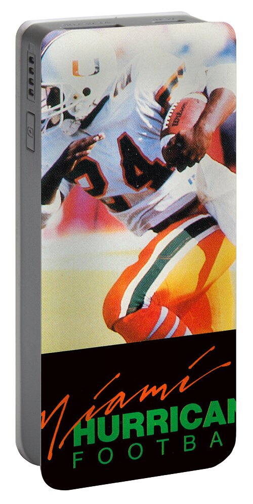 Miami Hurricanes Football Portable Battery Charger featuring the mixed media 1987 Miami Hurricane Football by Row One Brand