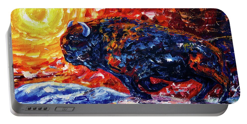 Olena Art Portable Battery Charger featuring the painting Wild the Storm - American Bison Running by Lena Owens - OLena Art Vibrant Palette Knife and Graphic Design