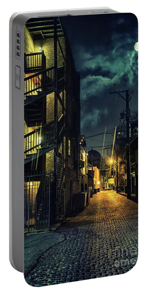 Alley Night Street City Urban Alleyway Dark Scary Light Garbage Back Road Crime Scene Spooky Brick Vintage Empty Wall Grunge Noir Cobblestone Moon Portable Battery Charger featuring the photograph Moonlit Vintage Chicago Alley by Bruno Passigatti