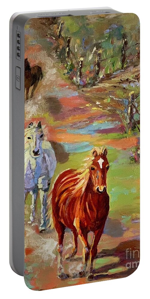 Wild Horses Portable Battery Charger featuring the painting Fences Make Bad Neighbors #3 by Patsy Walton