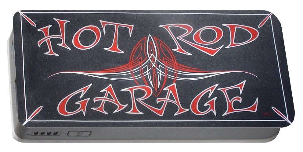Rocket 88 Portable Battery Charger featuring the painting Hot Rod Garage #2 by Alan Johnson