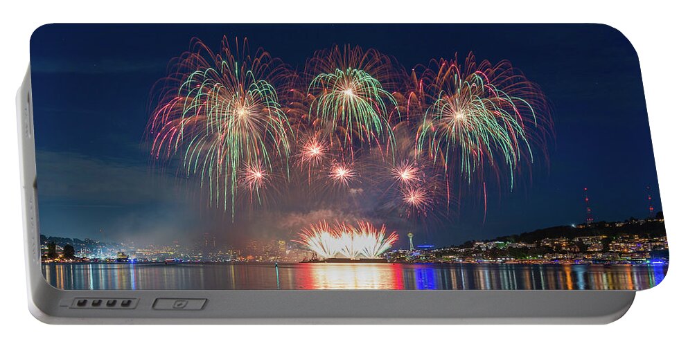 Outdoor; Firework; Celebration; July 4th; Independence Day; Seattle; Post Corvid-19; Gas Works Park; Lake Union; Space Needle; Downtown; Downtown Seattle; Washington Beauty Portable Battery Charger featuring the digital art July 4th Celebration at Gas Works Park #2 by Michael Lee