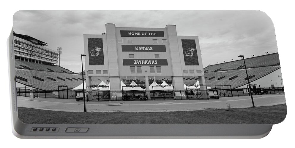 Kansas Jayhawks Stadium Portable Battery Charger featuring the photograph Kansas Jayhawks football stadium in black and white by Eldon McGraw