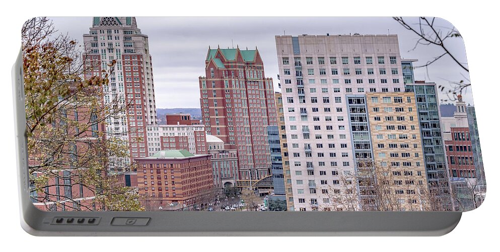 River Portable Battery Charger featuring the photograph Providence Rhode Island Skyline during autumn season #2 by Alex Grichenko