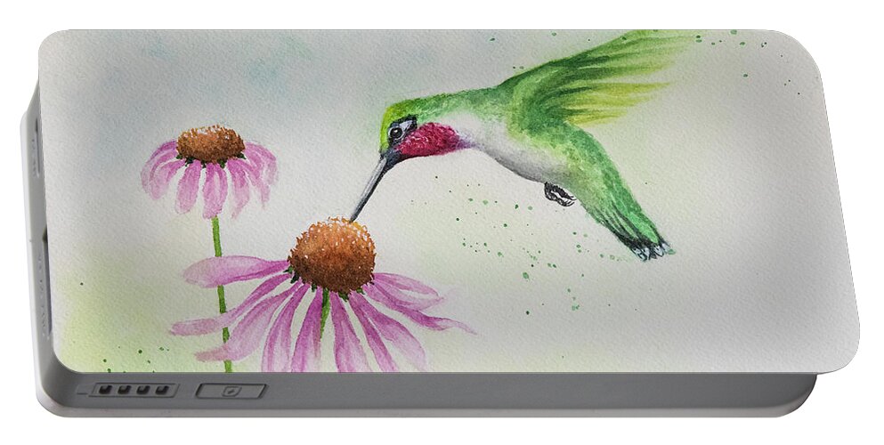 Nature Portable Battery Charger featuring the painting Ruby throated Hummingbird by Linda Shannon Morgan
